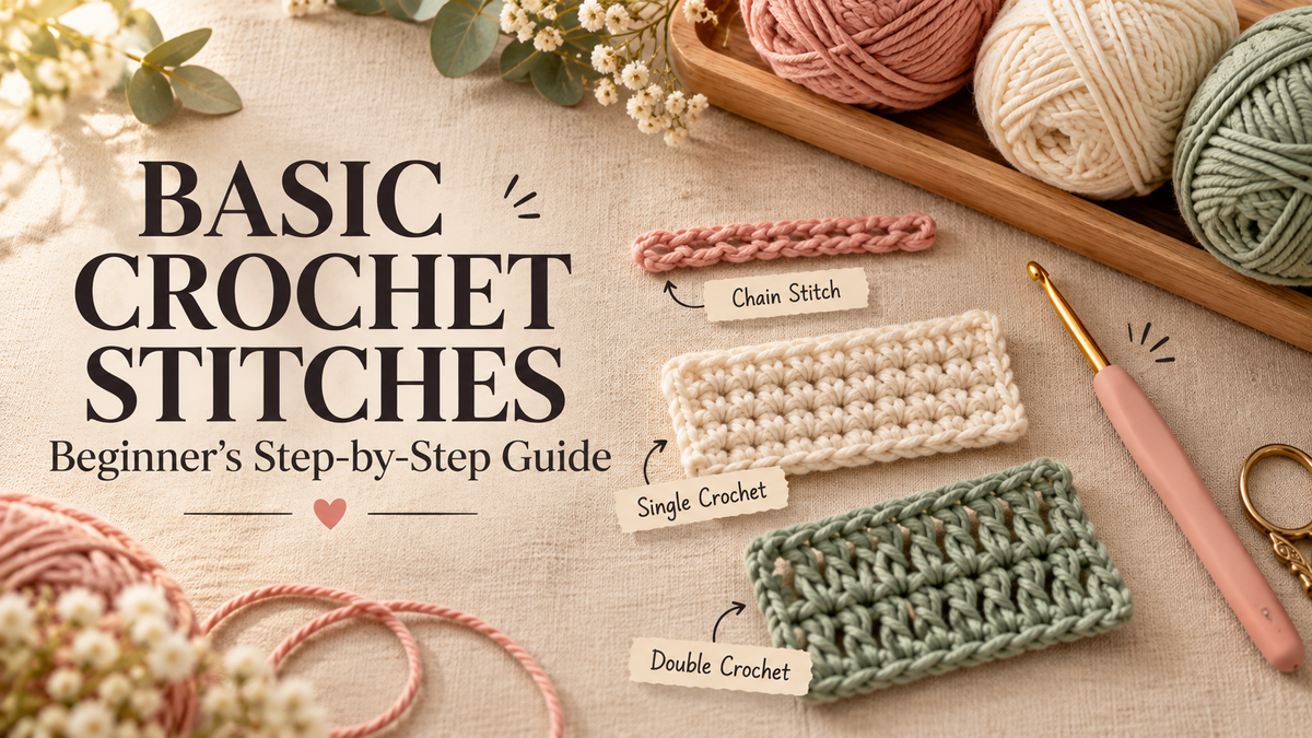 Basic crochet stitches guide with chain stitch, single crochet and double crochet yarn swatches
