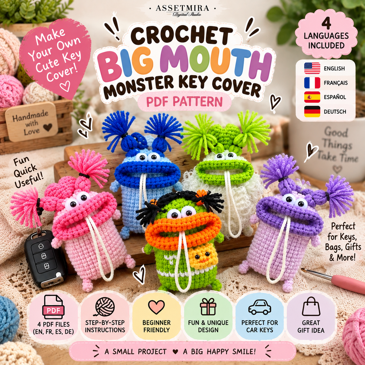 Crochet Big Mouth Monster Key Cover Pattern | Amigurumi Car Pouch Tutorial (PDF Download) - preview image 1