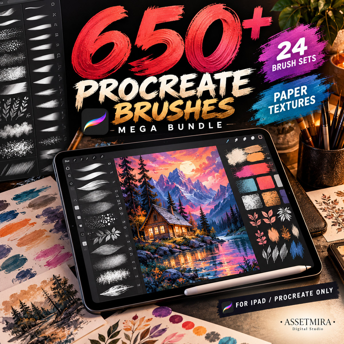 650+ Procreate brushes mega bundle with 24 brush sets and paper textures