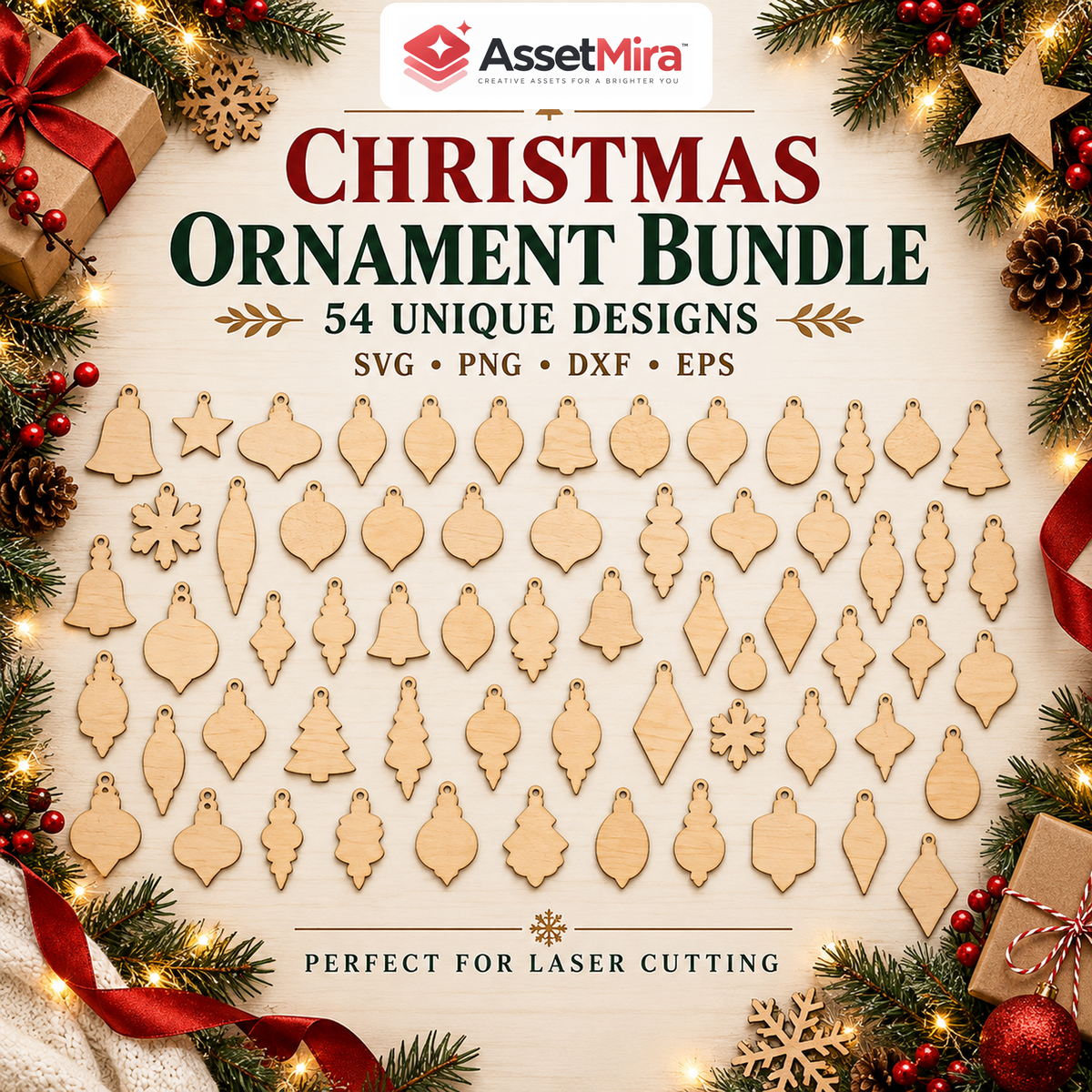 Christmas Ornament Bundle with 54 simple laser cut ornament designs by AssetMira