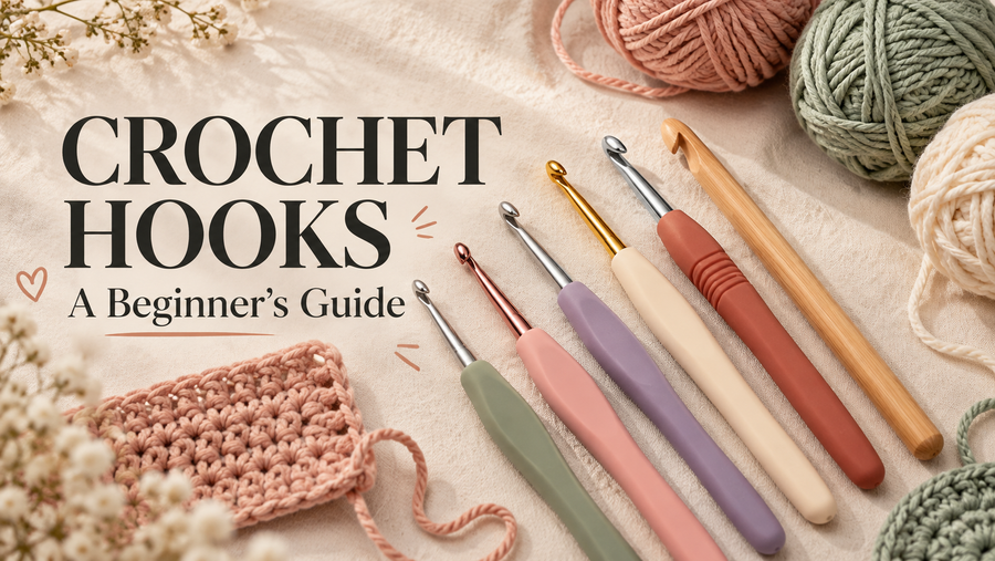 Crochet hooks for beginners guide with colorful ergonomic hooks, yarn and crochet swatch