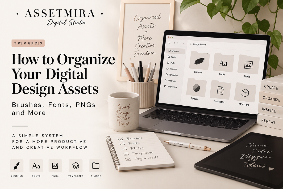 How to organize digital design assets including brushes, fonts, PNGs, textures and templates
