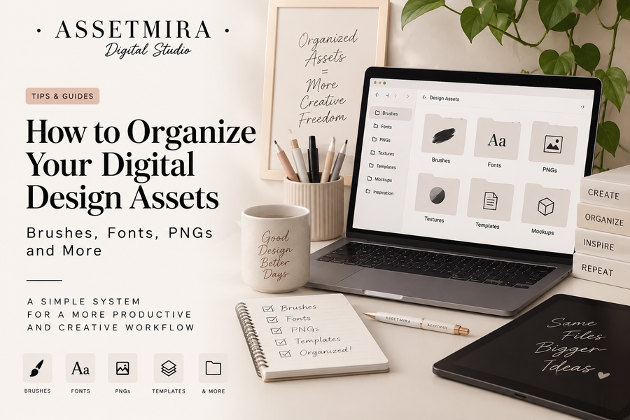 How to organize digital design assets including brushes, fonts, PNGs, textures and templates