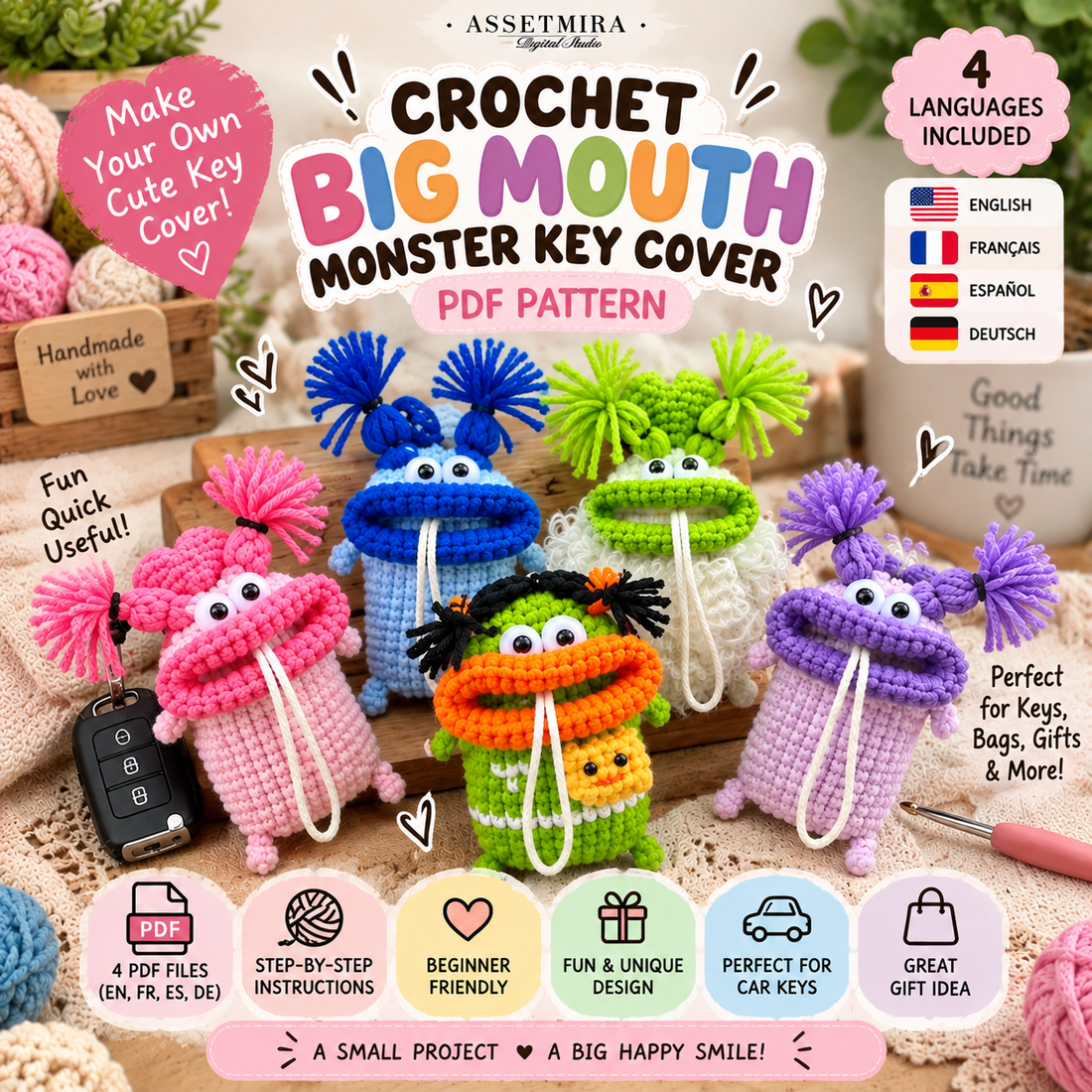 Crochet Big Mouth Monster Key Cover Pattern | Amigurumi Car Pouch Tutorial (PDF Download) - preview image 1