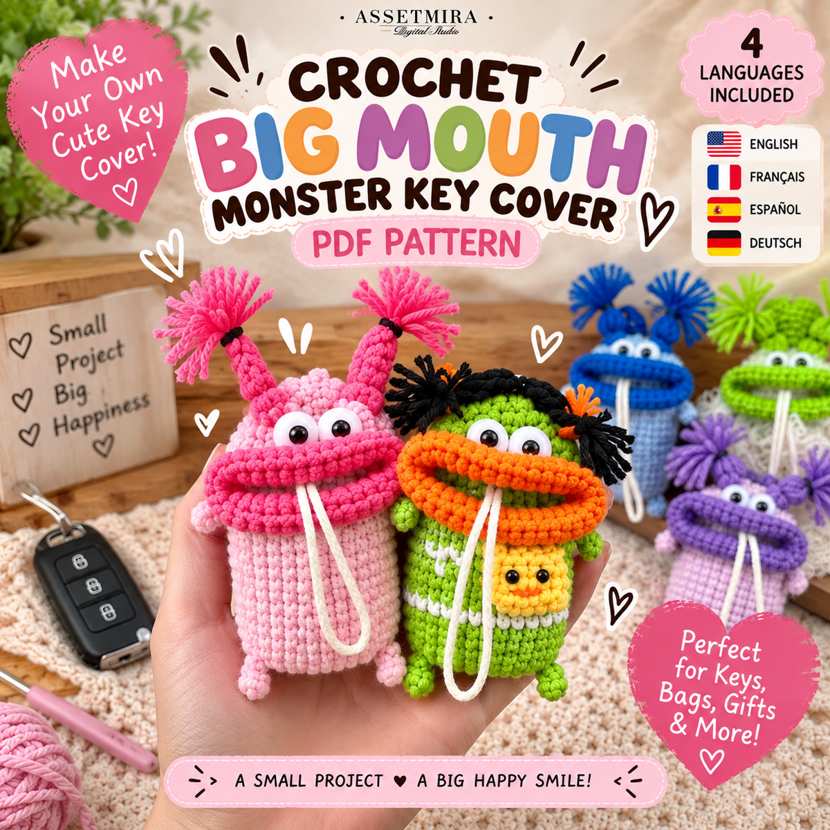 Crochet Big Mouth Monster Key Cover Pattern | Amigurumi Car Pouch Tutorial (PDF Download) - preview image 5