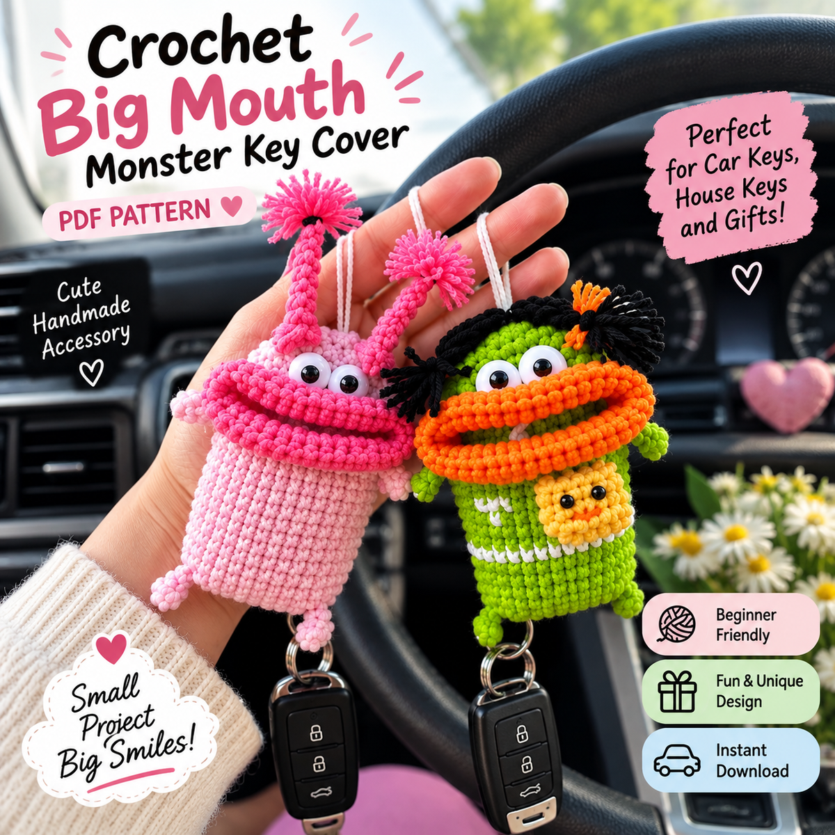 Crochet Big Mouth Monster Key Cover Pattern | Amigurumi Car Pouch Tutorial (PDF Download) - preview image 4