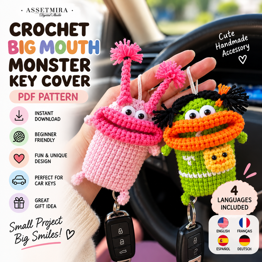 Crochet Big Mouth Monster Key Cover Pattern | Amigurumi Car Pouch Tutorial (PDF Download) - preview image 2