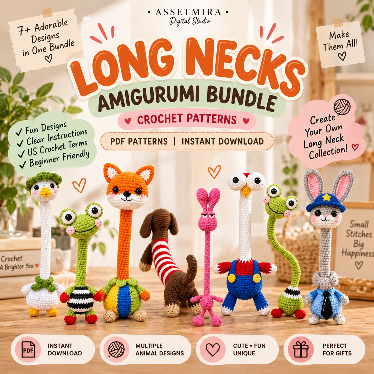 Long Neck Amigurumi Animal Crochet Patterns | Flexible Neck PDF Bundle (Digital Download) - preview image 1
