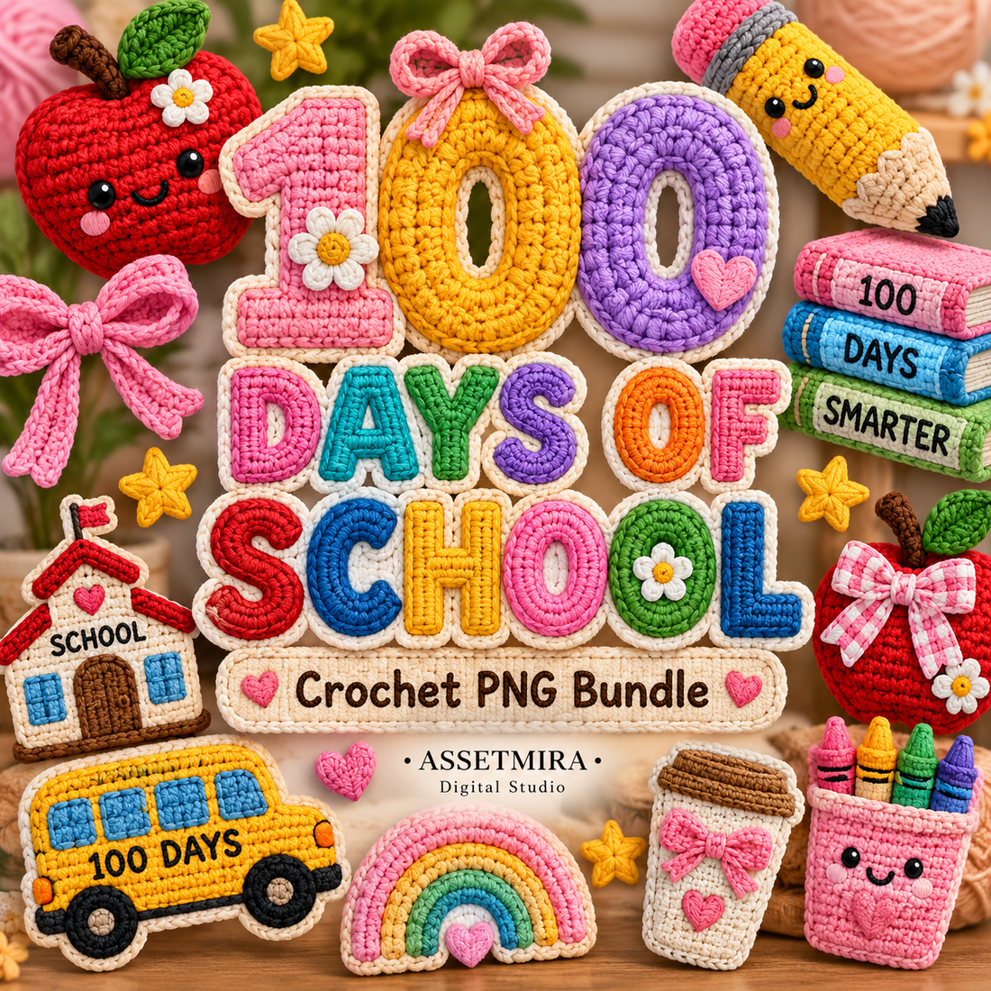 100 Days of School crochet PNG bundle with faux yarn school icons and colorful stitched lettering