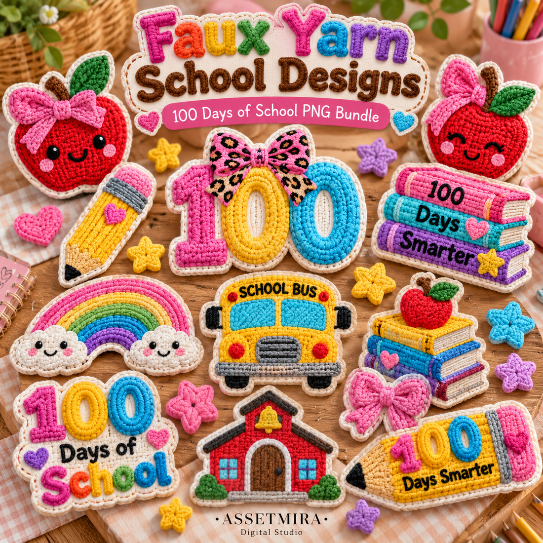 Faux yarn school designs for a 100 Days of School PNG bundle