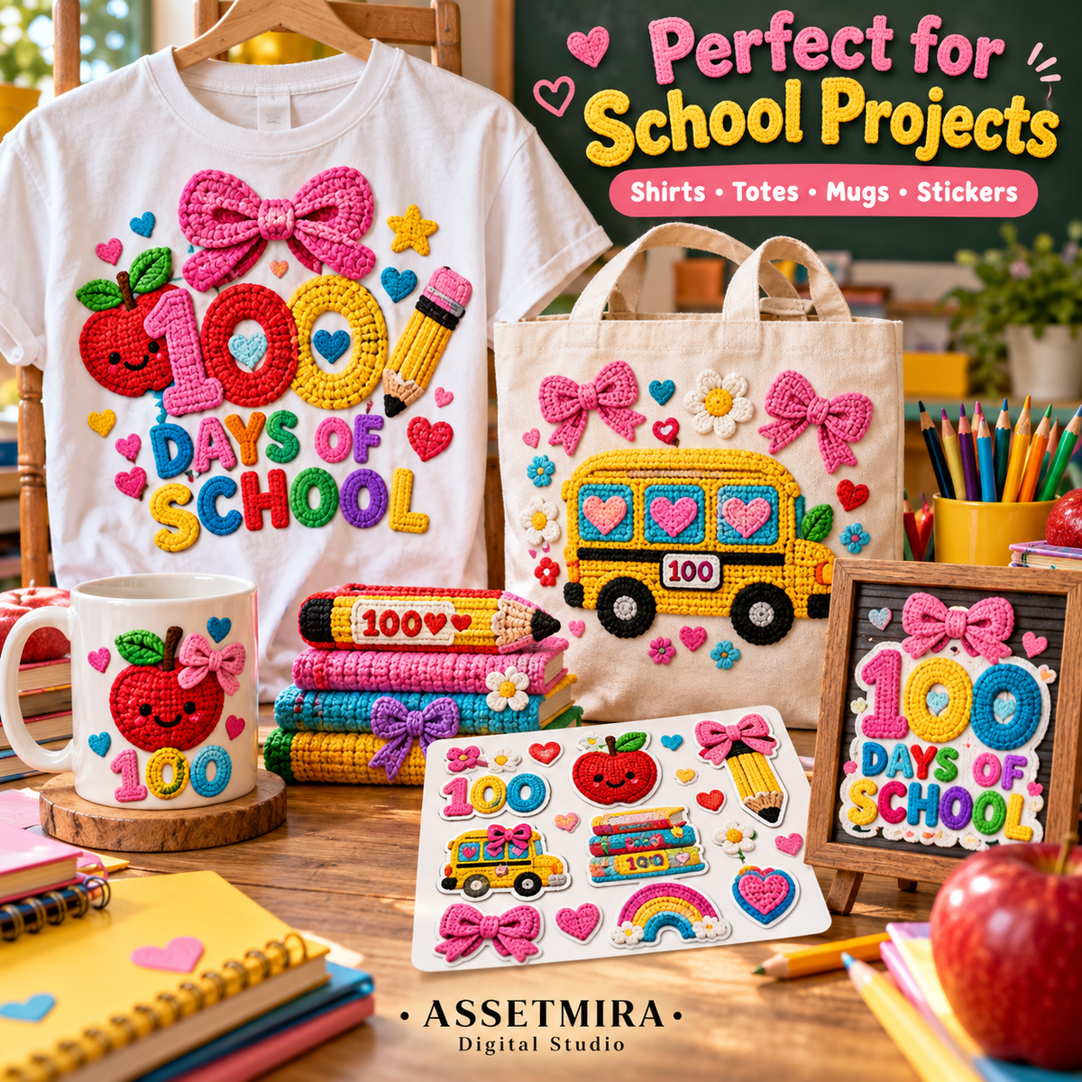 100 Days of School crochet-style PNG designs shown on shirts totes mugs stickers and classroom projects
