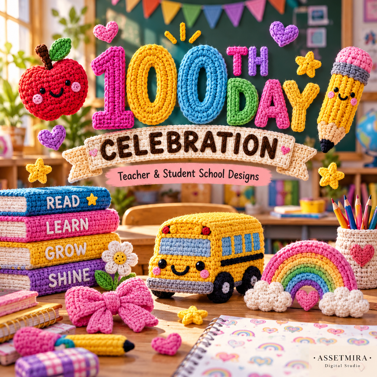100th Day celebration teacher and student school designs in colorful faux crochet style