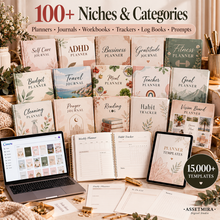 100+ planner journal workbook tracker and log book niches in the Canva KDP bundle