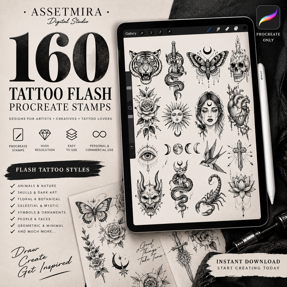 160 Flash Tattoo Procreate Stamps Bundle by AssetMira Digital Studio