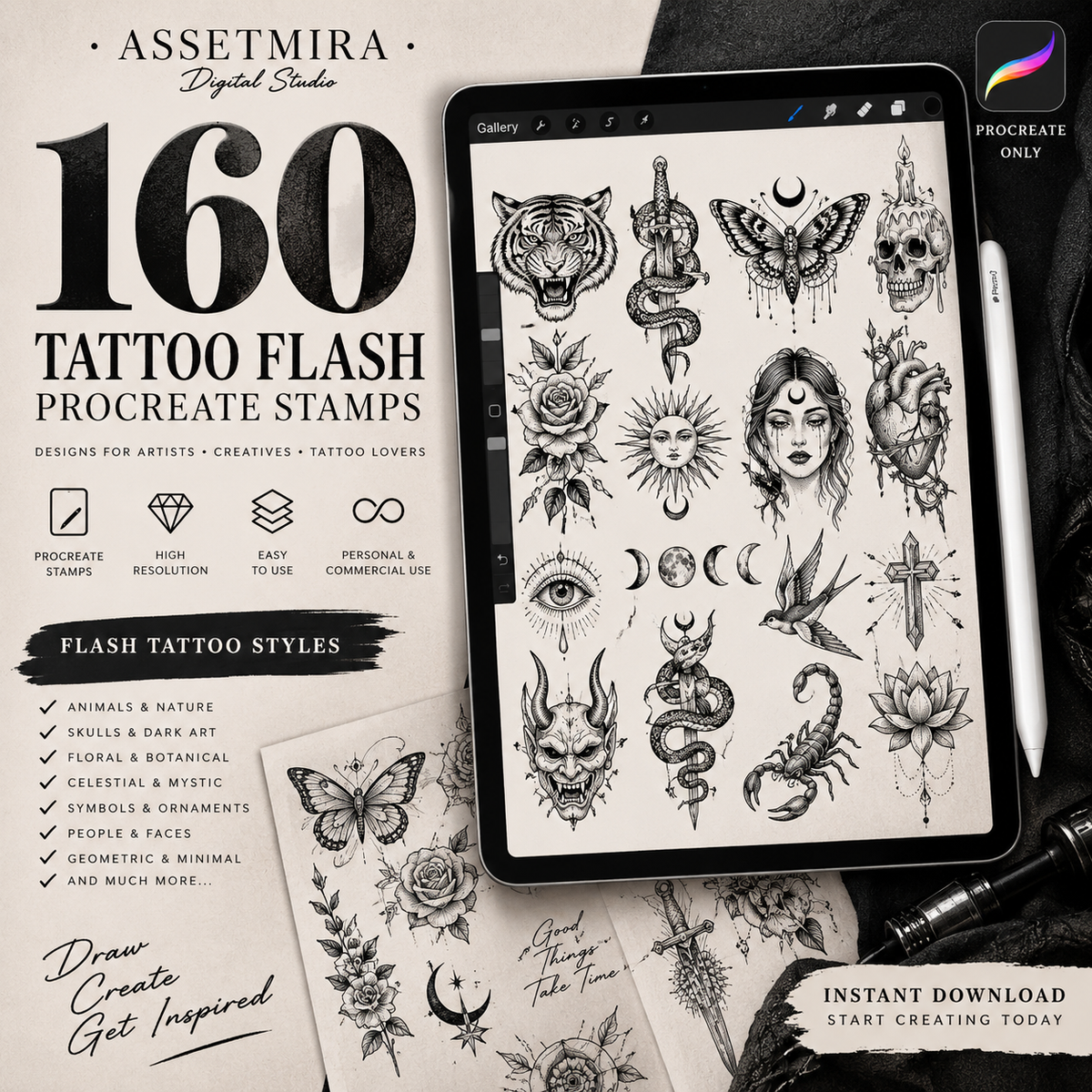 160 Flash Tattoo Procreate Stamps Bundle by AssetMira Digital Studio