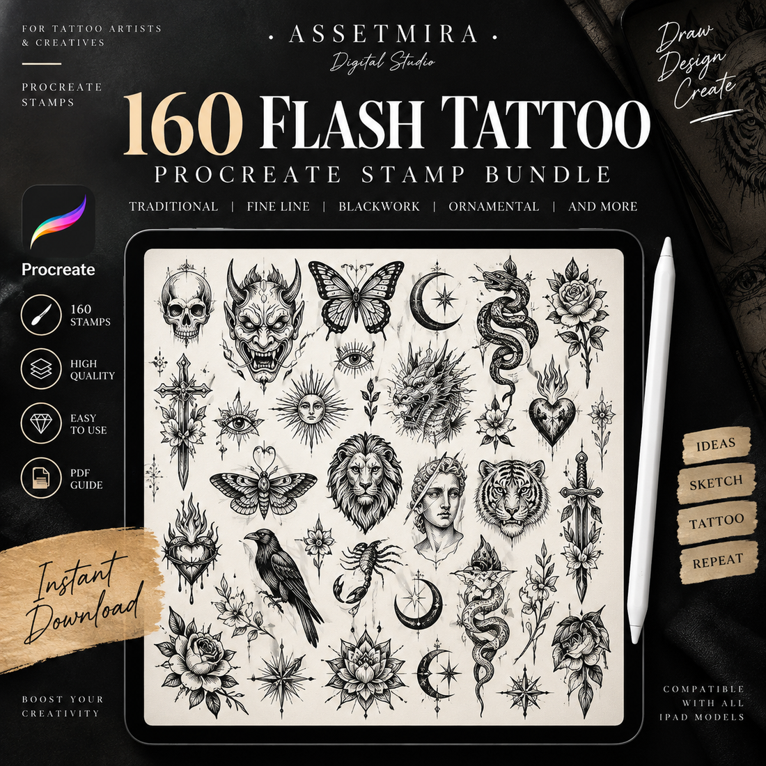 Procreate tattoo flash stamp preview with 160 designs by AssetMira Digital Studio