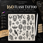 160 Flash Tattoo Procreate Stamps Bundle | Tattoo Flash & Stencil Brushes