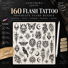 Procreate tattoo flash stamp preview with 160 designs by AssetMira Digital Studio