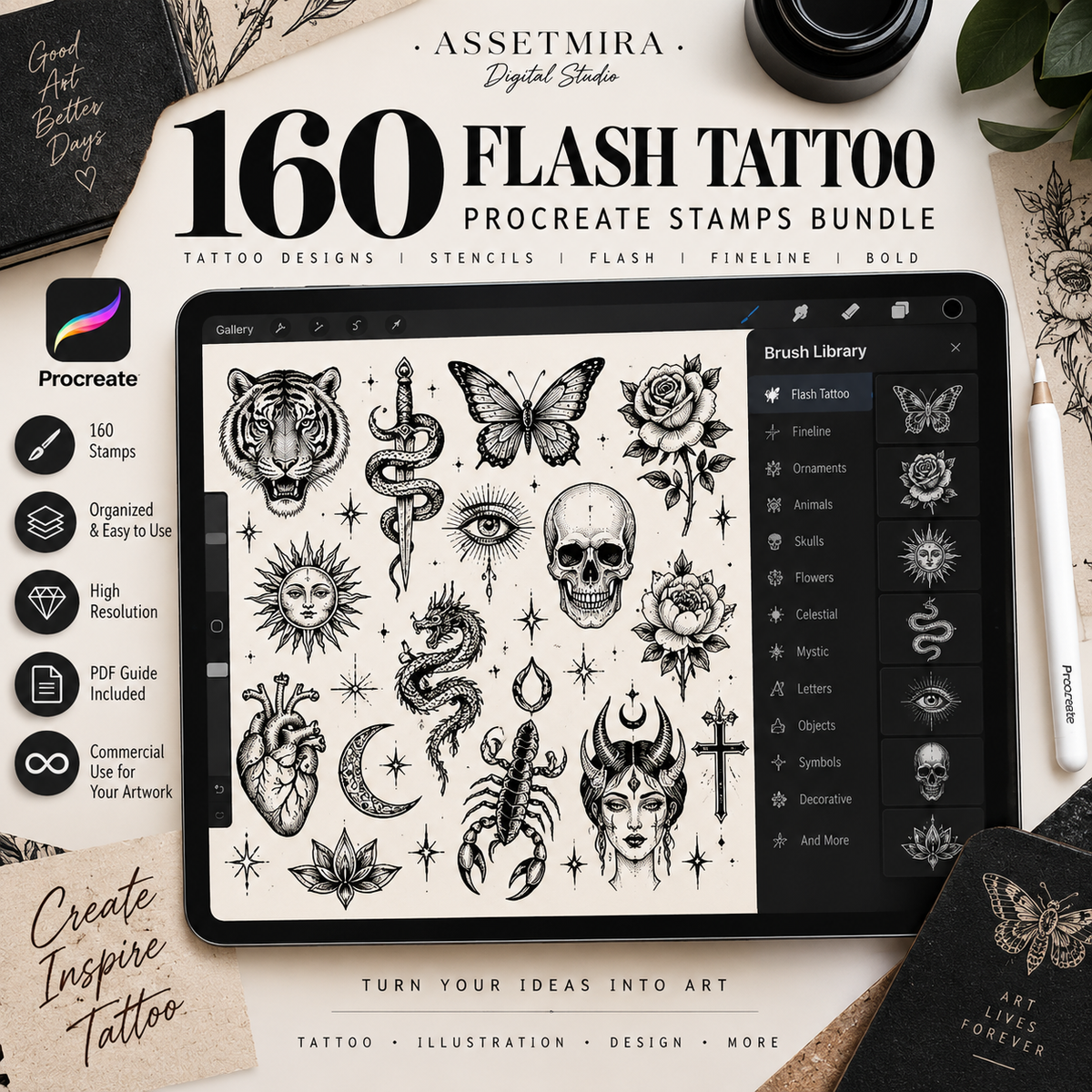 160 tattoo flash Procreate stamps organized brush set by AssetMira Digital Studio