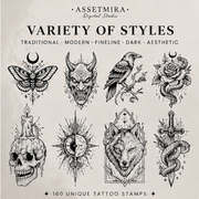 160 Flash Tattoo Procreate Stamps Bundle | Tattoo Flash & Stencil Brushes