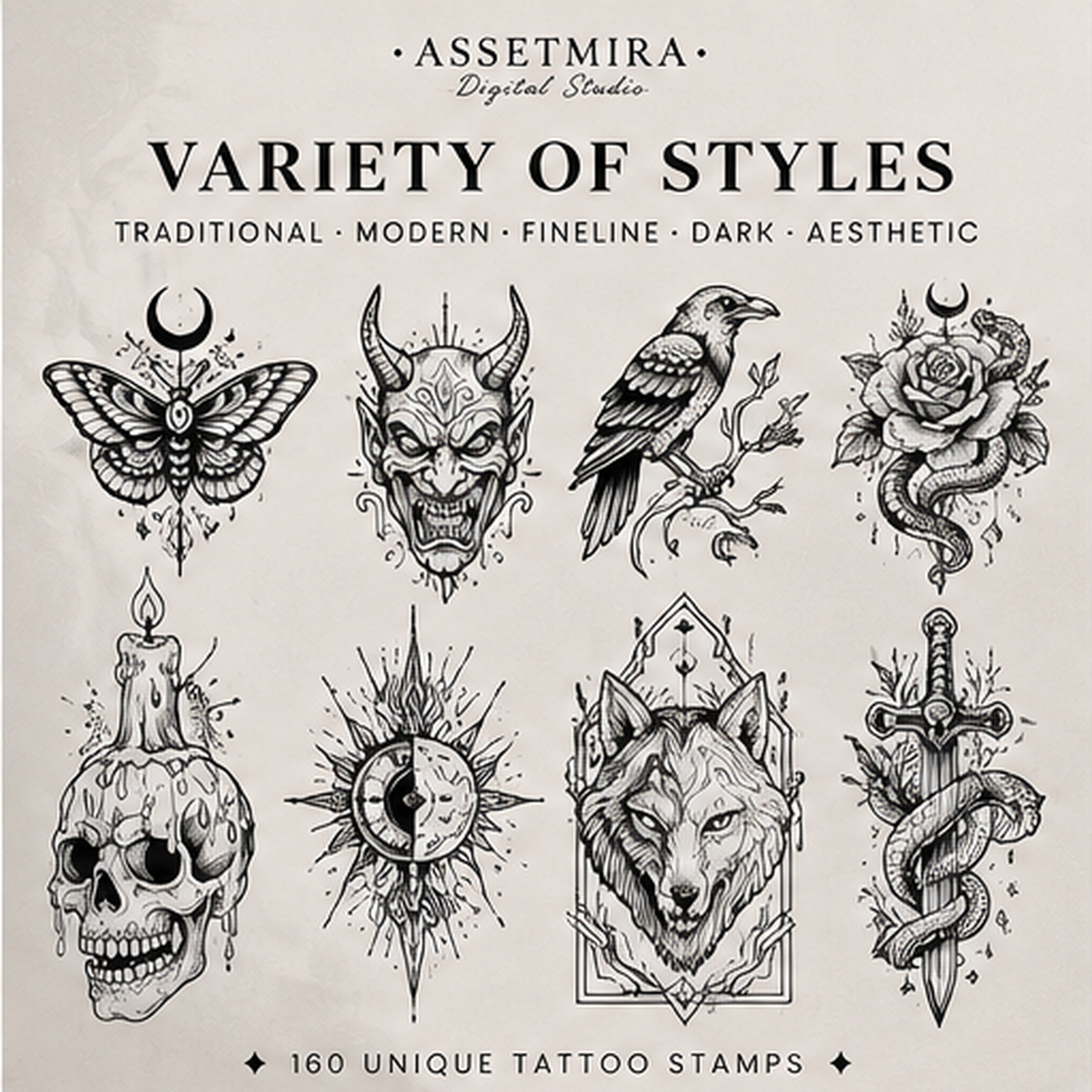 Variety of flash tattoo Procreate stamp styles by AssetMira Digital Studio