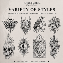 Variety of flash tattoo Procreate stamp styles by AssetMira Digital Studio