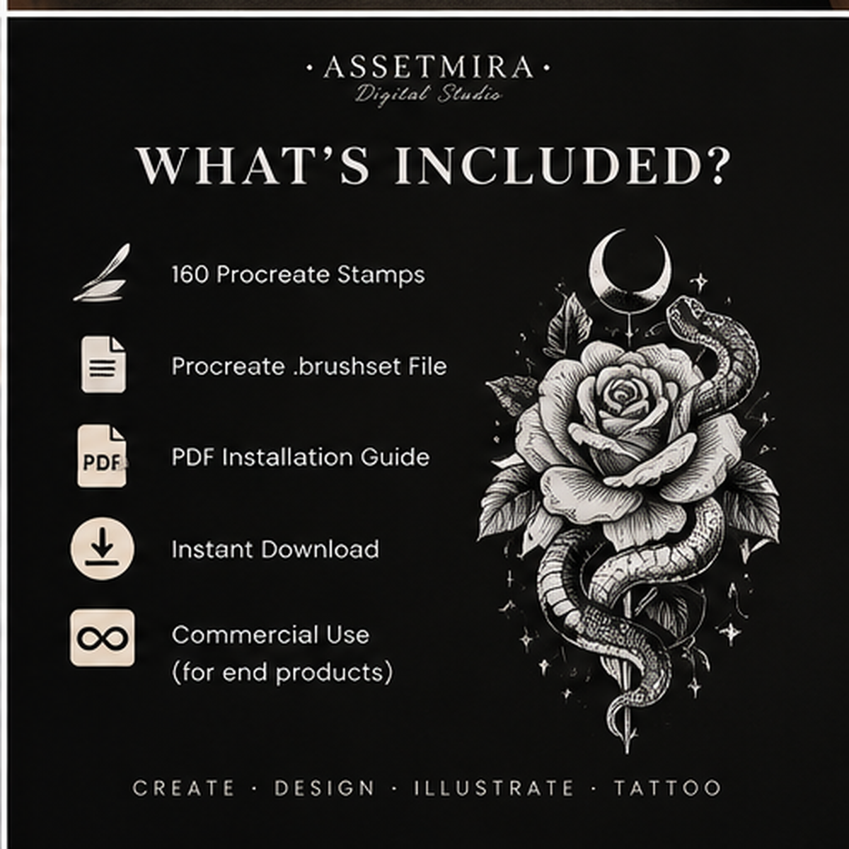 What's included in the 160 Flash Tattoo Procreate Stamps Bundle by AssetMira