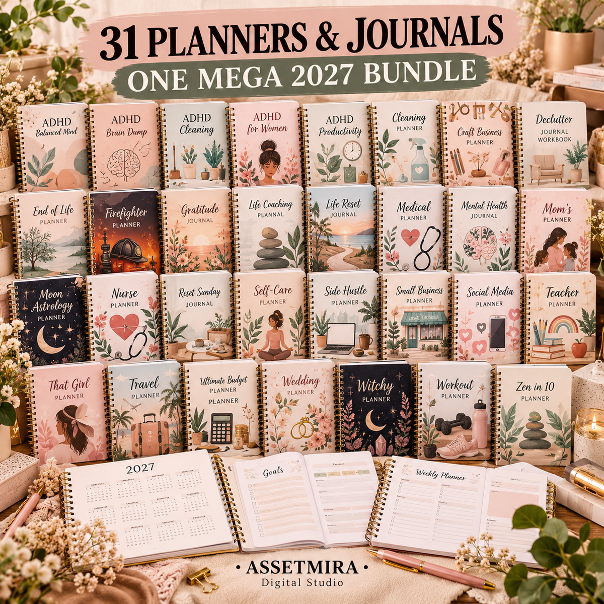 31 planners and journals included in the 2027 mega planner bundle