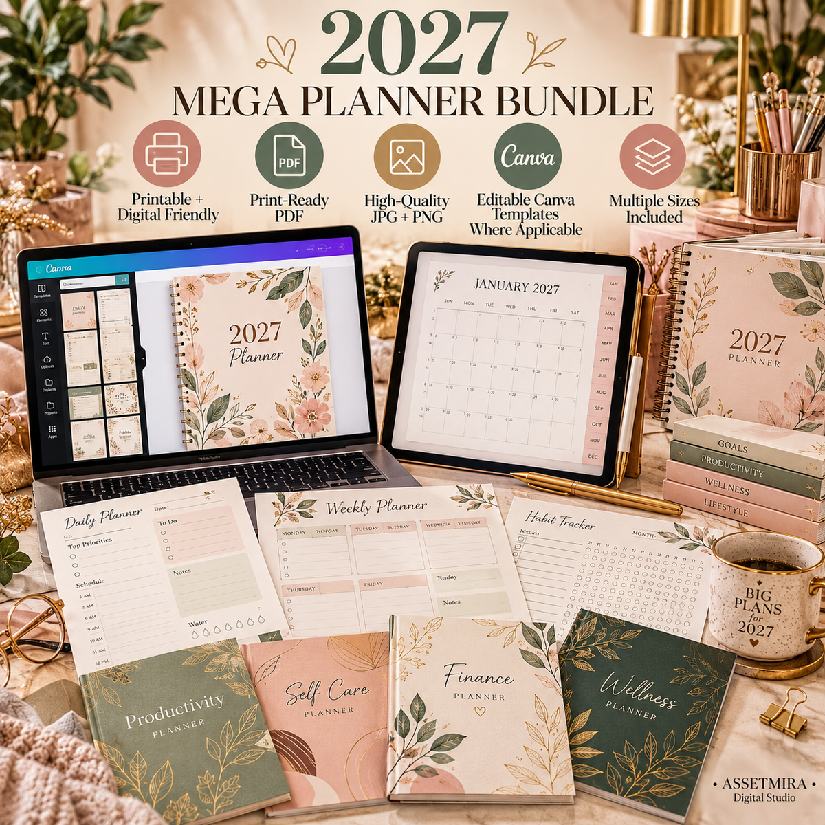 2027 planner bundle with printable PDF JPG PNG and editable Canva templates where applicable