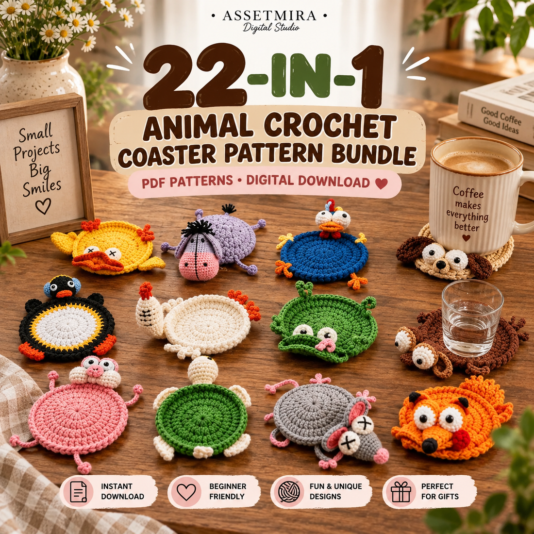 22 in 1 animal crochet coaster pattern bundle digital PDF