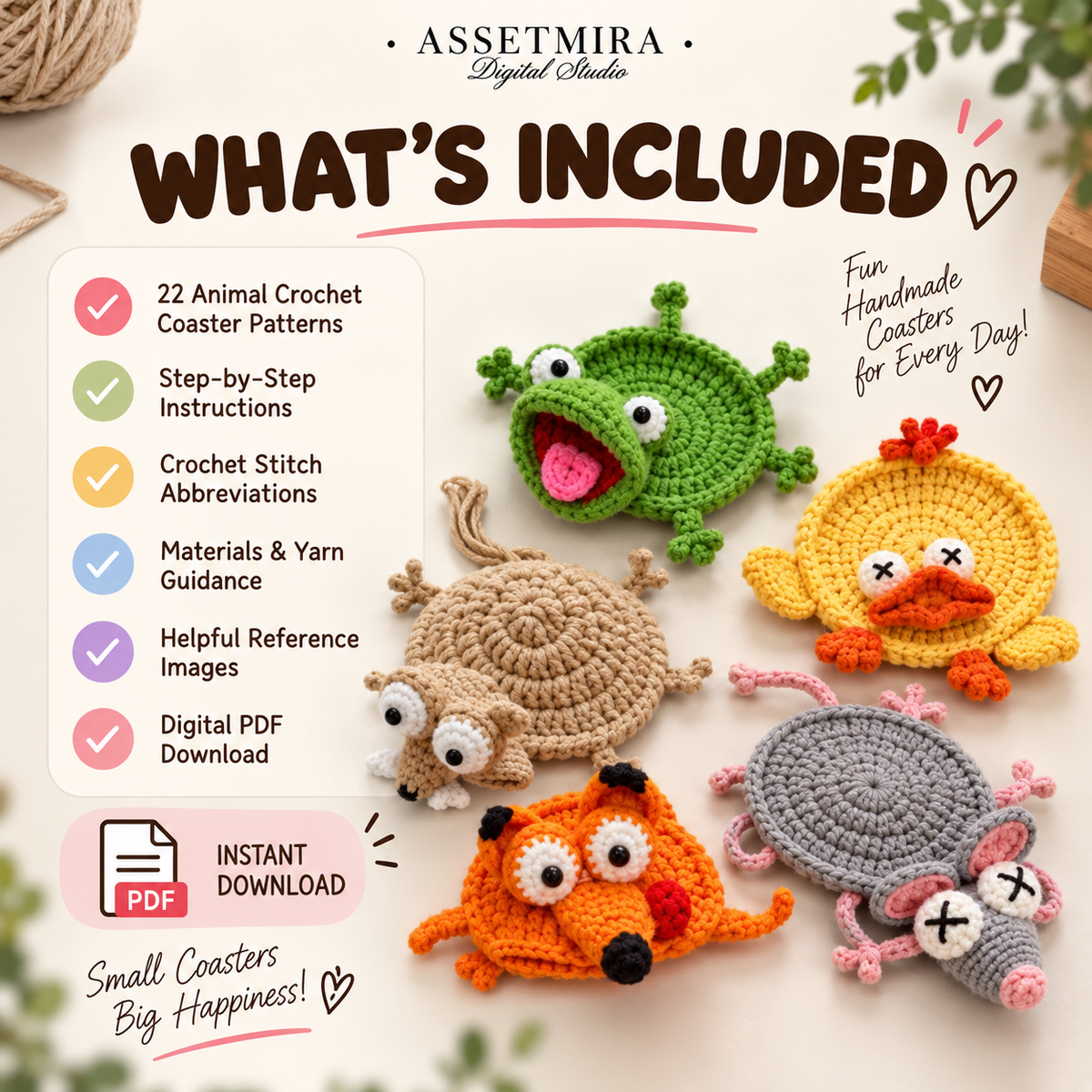What is included in the 22 in 1 animal crochet coaster pattern bundle