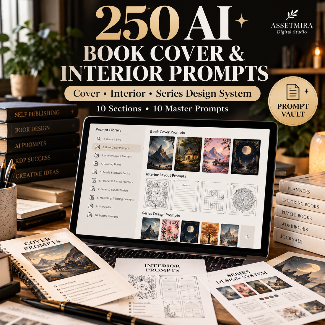 250 AI Book Cover and Interior Prompts hero with cover, interior and series design workflow preview