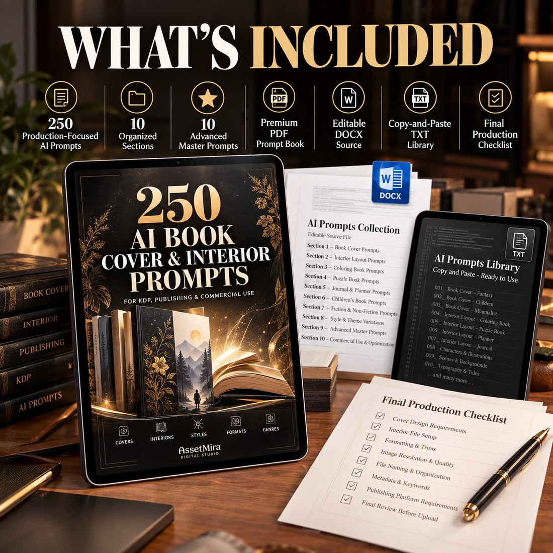 250 AI book design prompts bundle contents with 10 sections, 10 master prompts, PDF, DOCX, TXT and production checklist