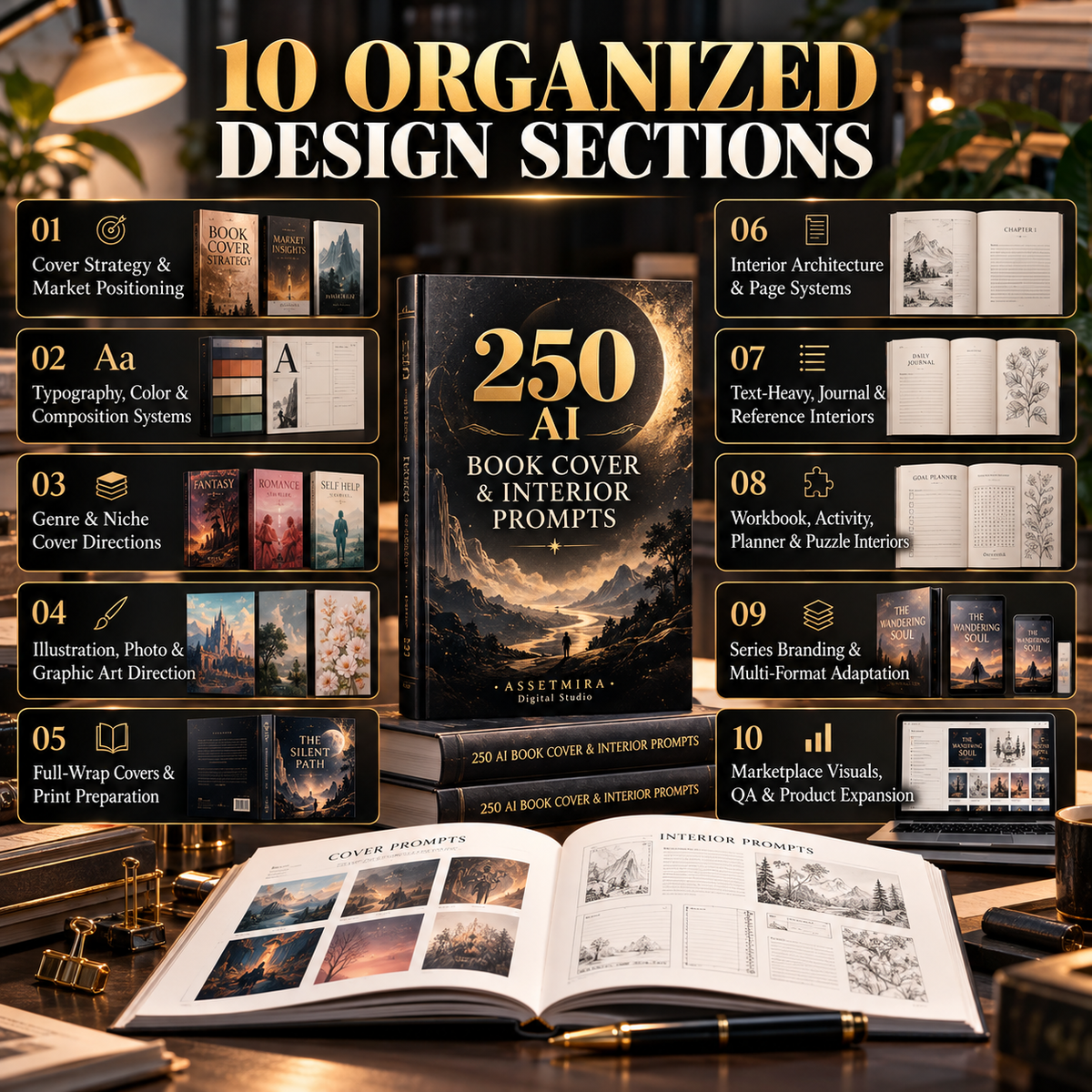 Ten organized AI book design prompt sections covering covers, interiors, series branding and marketplace visuals