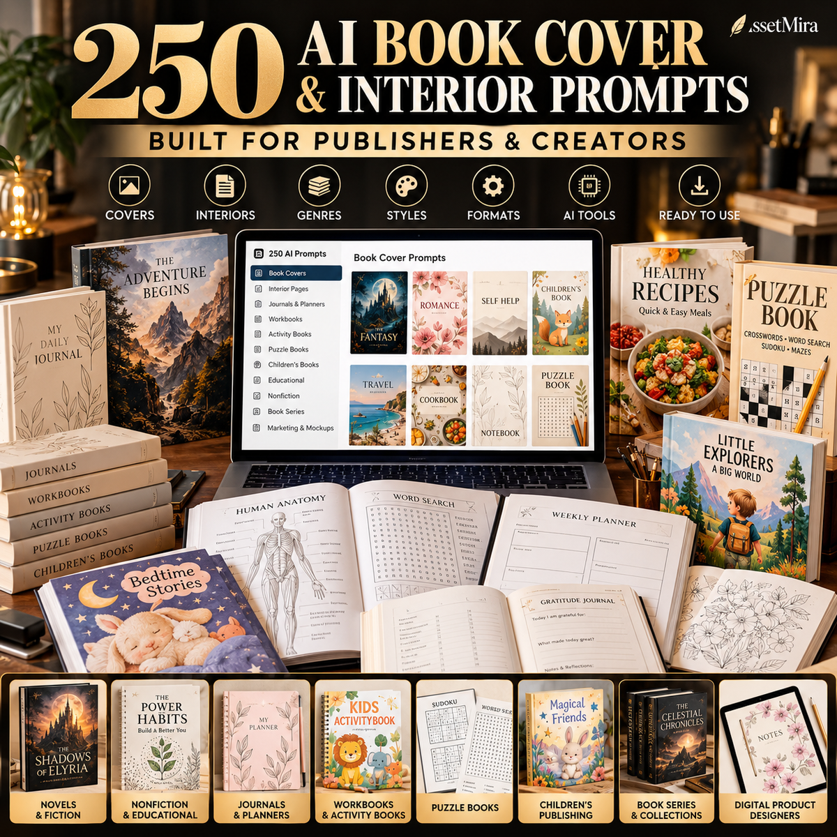 AI book cover and interior prompts for publishers, journals, workbooks, puzzle books, nonfiction, children and book series