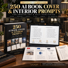 Instant digital download of 250 AI book cover and interior prompts with PDF DOCX TXT files and prompt system only disclaimer