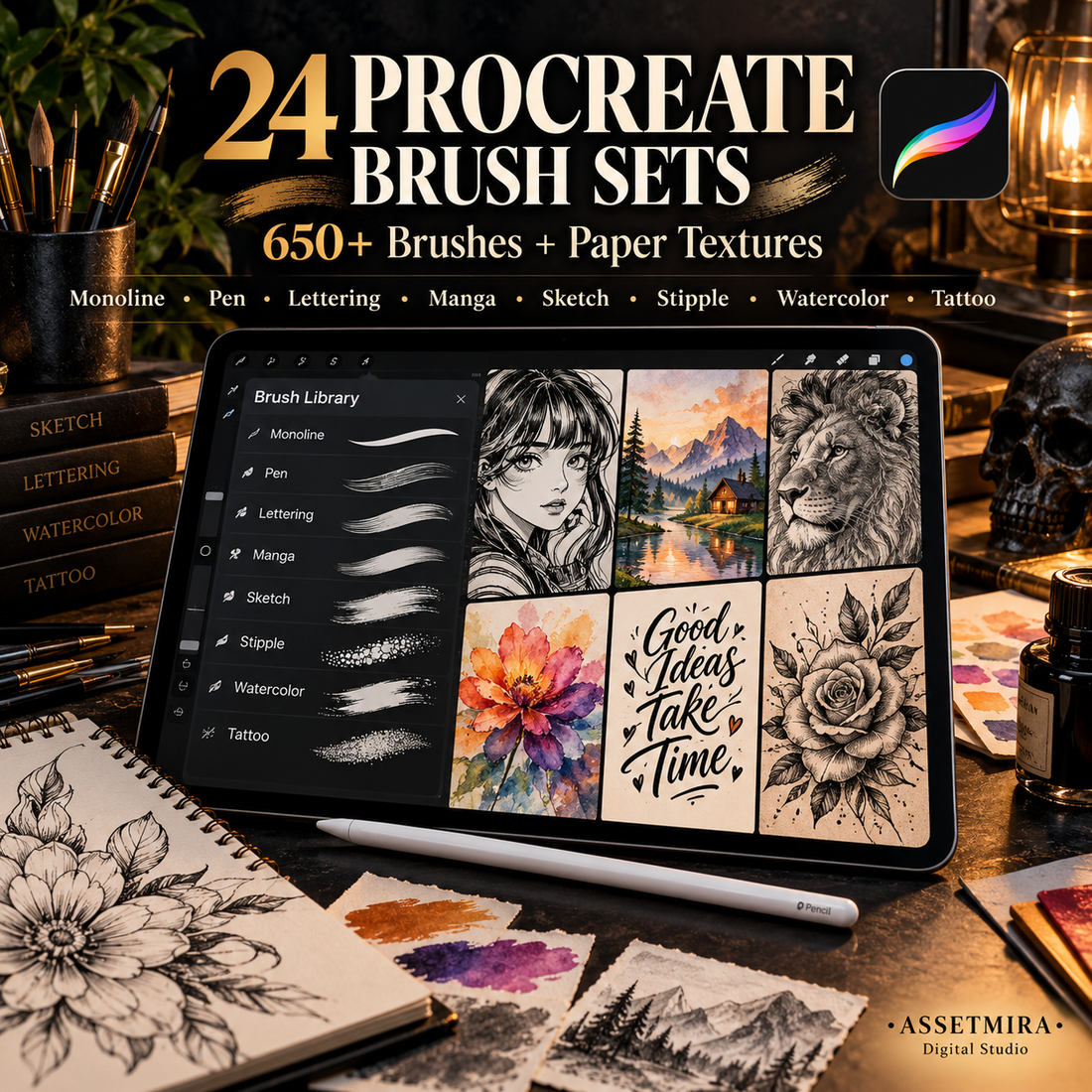24 Procreate brush sets including monoline pen lettering manga sketch stipple watercolor and tattoo brushes