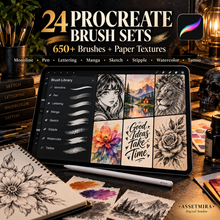 24 Procreate brush sets including monoline pen lettering manga sketch stipple watercolor and tattoo brushes
