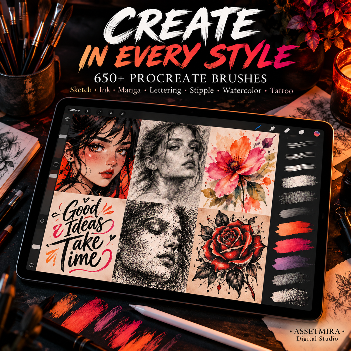 Procreate brush styles for manga sketch watercolor lettering stipple tattoo and digital painting