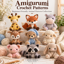 Amigurumi crochet animal pattern collection with giraffe fox hippo deer teddy sheep pig raccoon and bunny