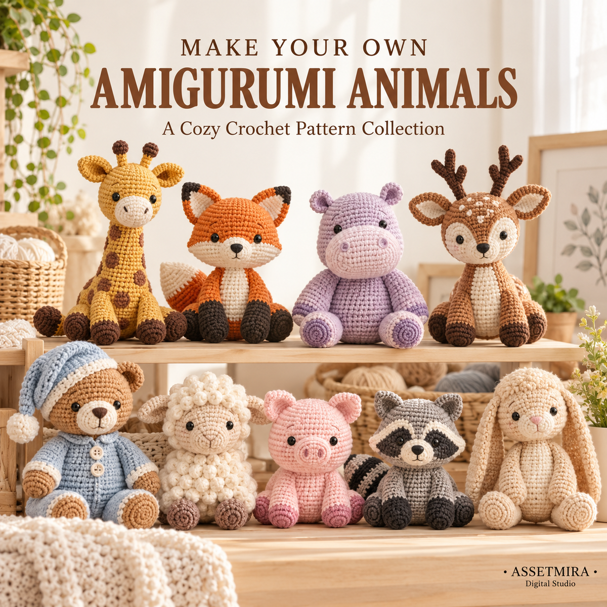 Finished amigurumi crochet animal collection in a cozy nursery craft setting