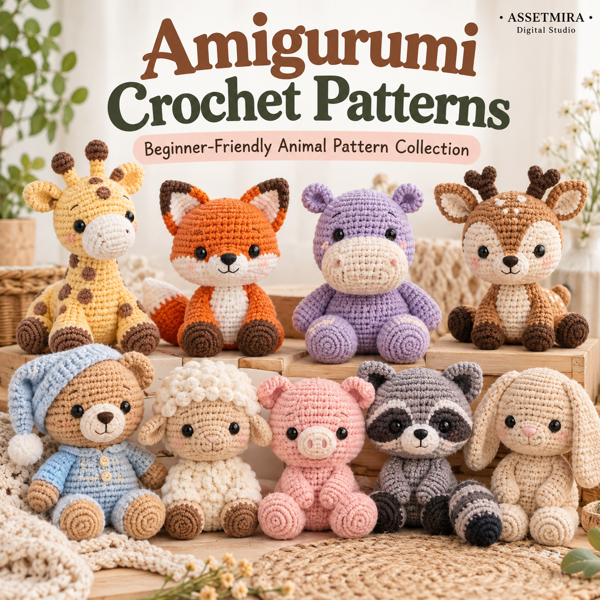 Amigurumi crochet patterns with giraffe fox lavender hippo deer teddy lamb pig raccoon and bunny