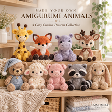 Amigurumi animal crochet pattern collection in a cozy nursery shelf setting