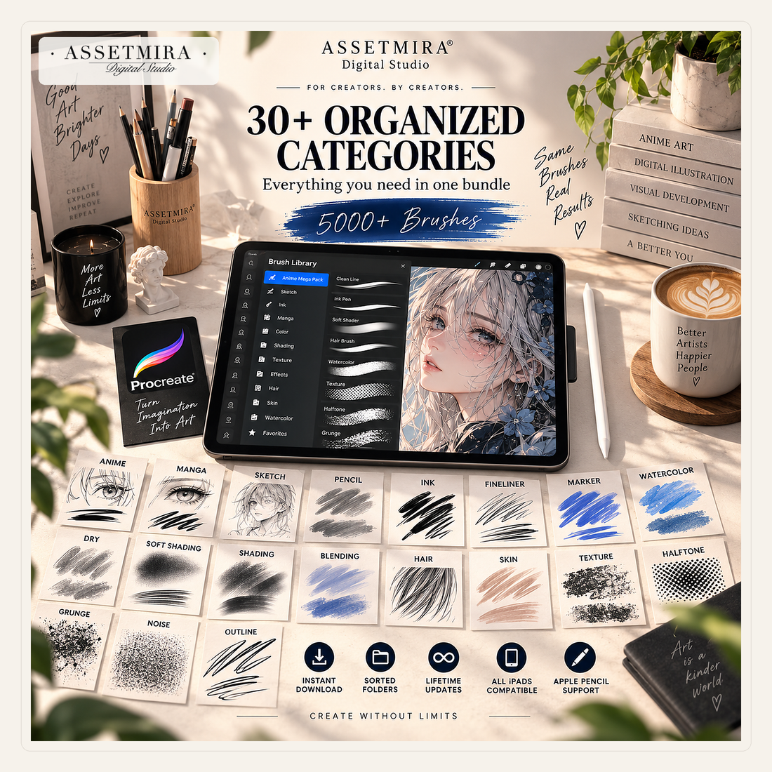 30+ organized Procreate brush categories