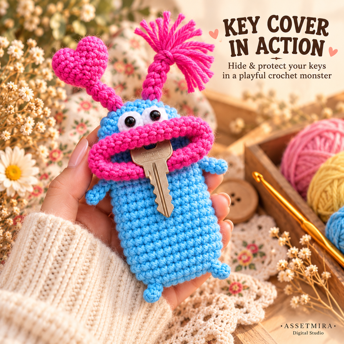 Big Mouth Monster crochet key cover in use with keys hidden inside the oversized crocheted mouth