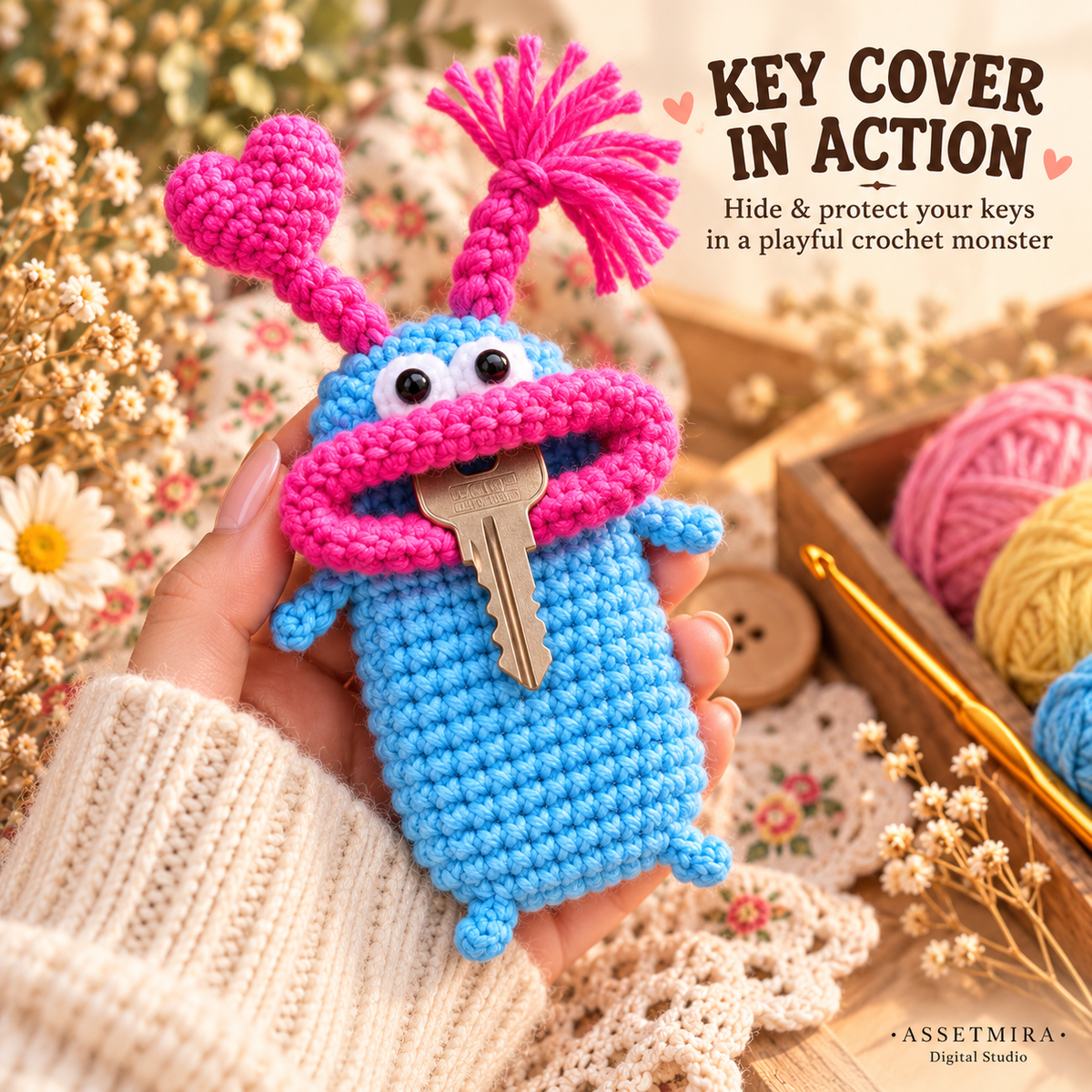 Big Mouth Monster crochet key cover in use with keys hidden inside the oversized crocheted mouth