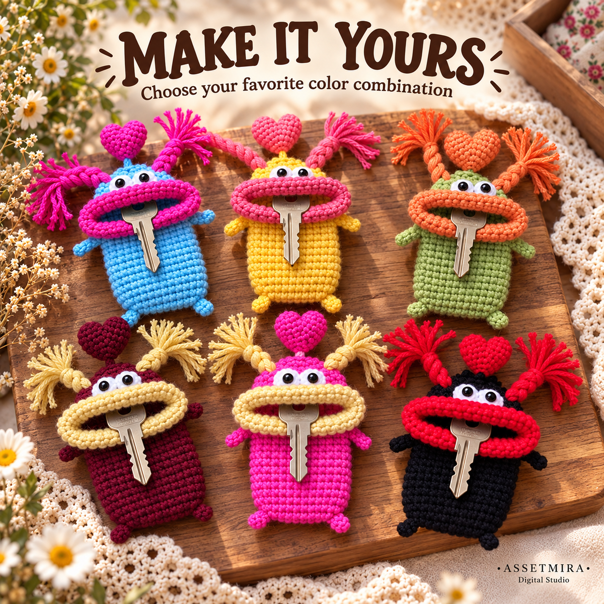 Big Mouth Monster crochet key cover color variations matching the same long pouch construction