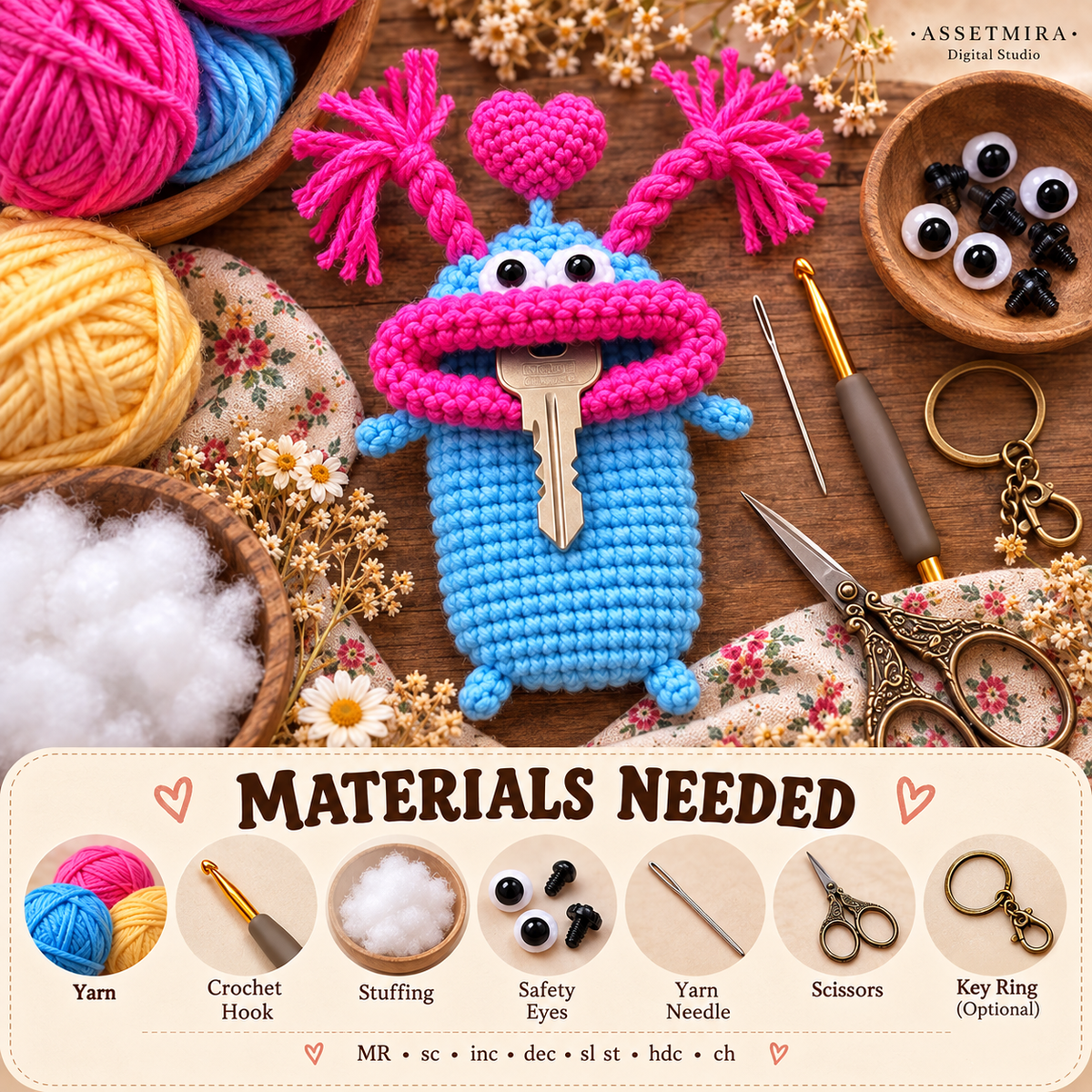 Materials needed for the Big Mouth Monster crochet key cover pattern including yarn hook stuffing safety eyes needle scissors and optional key ring