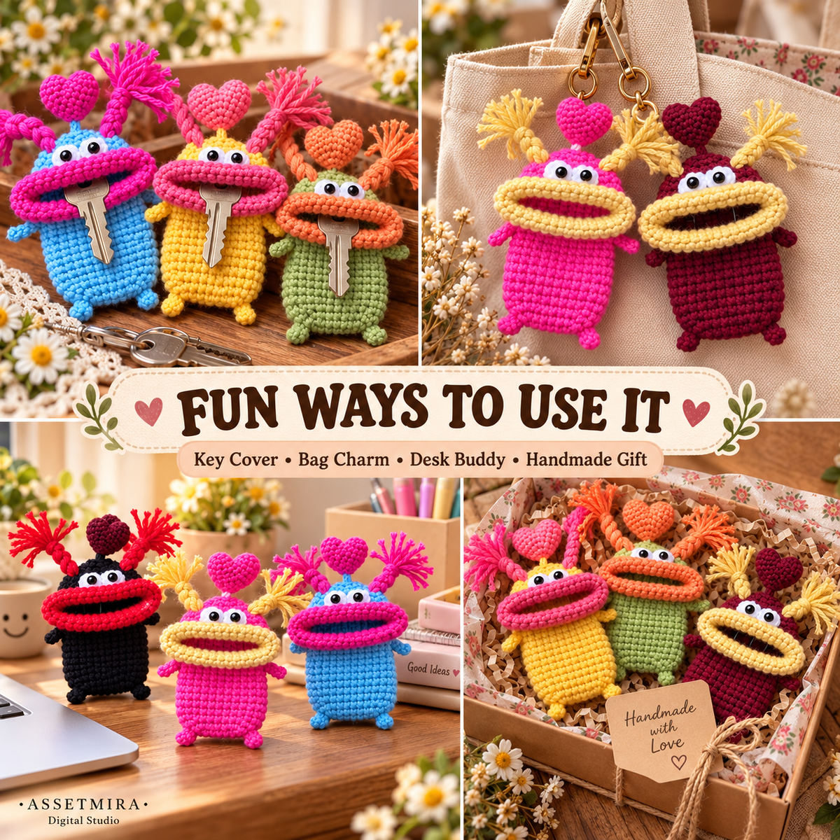 Big Mouth Monster crochet key covers shown as key covers bag charms desk buddies and handmade gifts