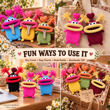 Big Mouth Monster crochet key covers shown as key covers bag charms desk buddies and handmade gifts
